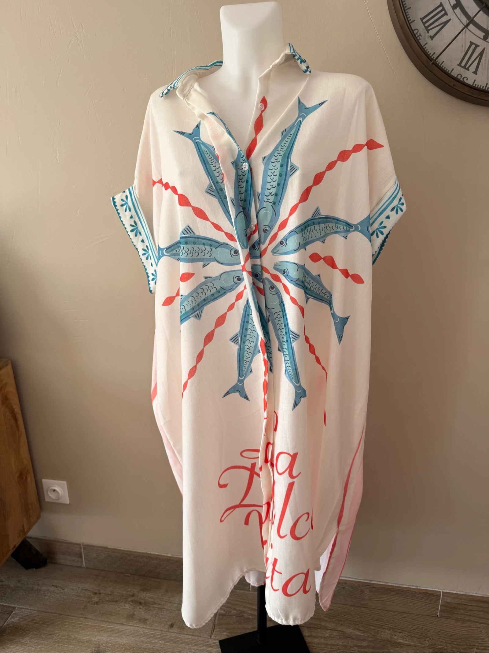 Robe chemise oversize Made in Italy lin & coton sardines tendance – Taille 40 à 48
